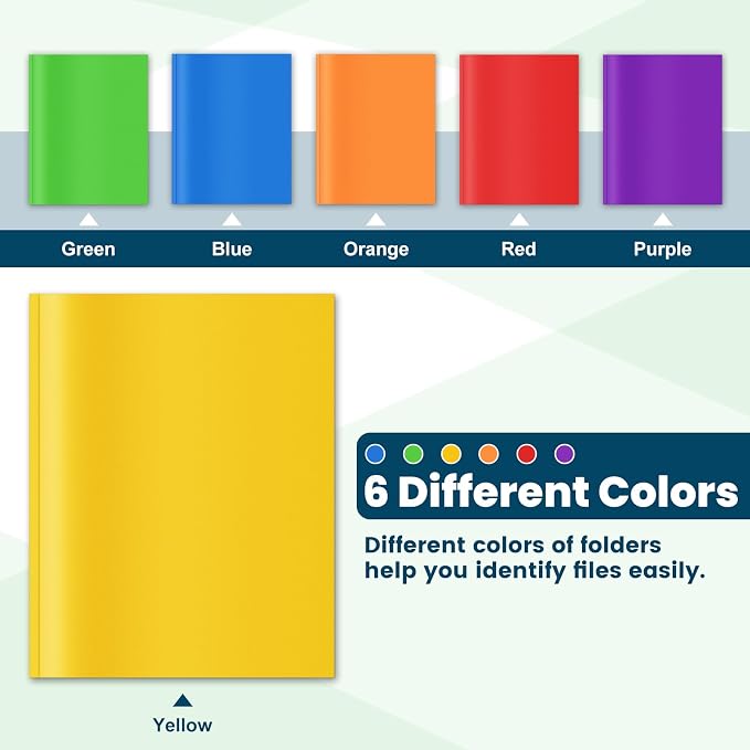 IJIGU 2 Pocket Folders with Prongs, Bulk 144 Pack, 6 Assorted Colors | 3-Prong Fasteners, Durable Heavy-Duty Plastic, Letter Size, Business Card Slot, for School Office and College Supplies - Image 5