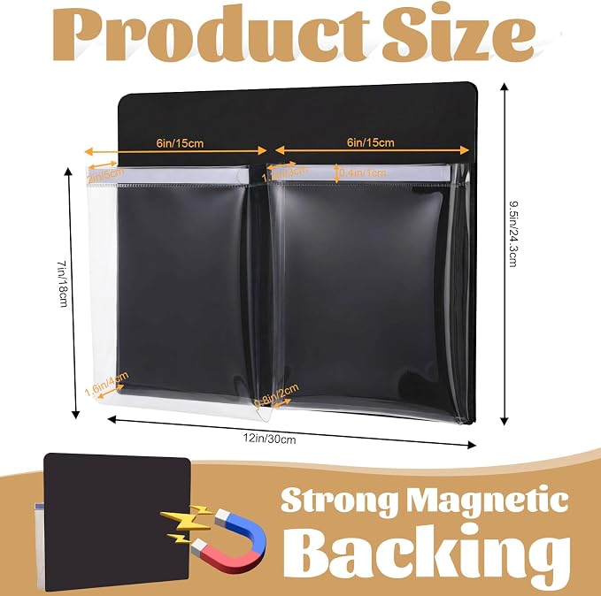 8 Pack Magnetic File Holder for Refrigerator 12 x 9.5 Inch Hanging Paper Organizer Black Board Organizer with 2 Magnetic Pocket Office Supplies Storage for Notebooks Planners Mail Letters - Image 2