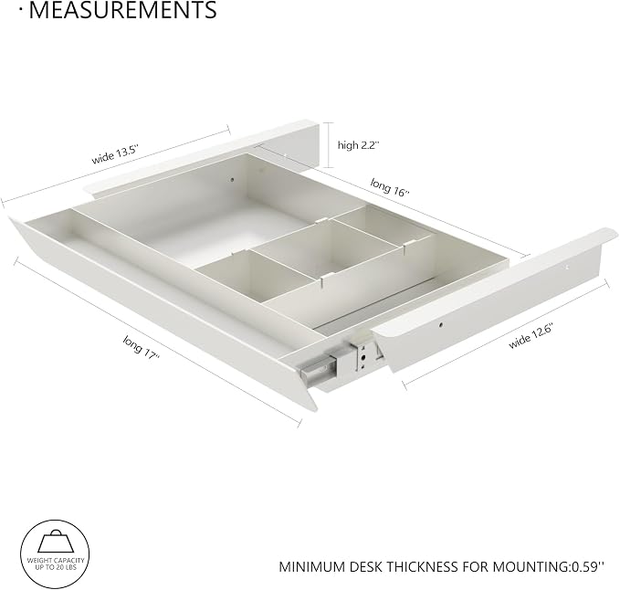 White Under Desk Sliding Pull-out Drawer with Pencil Tray and Slide Storage Tray, 17'' long & 13.5'' deep Large Organizer for Sit Stand Workstation… - Image 3