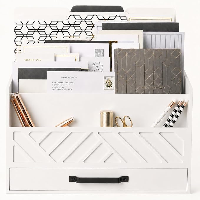 BLU MONACO | Wooden Mail Organizer with Drawer | Mail Organizer Countertop with 6 Compartments | Bill Holder for Desk | White Desktop Mail Sorter by Blu_Monaco