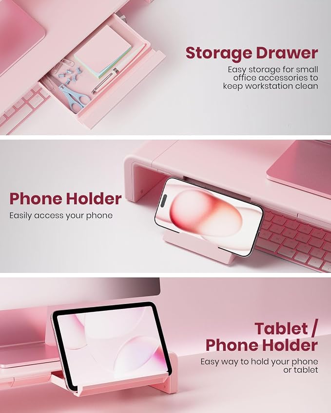 Pink Monitor Stand Riser, Klearlook Foldable, Height Adjustable Computer Stand, Desk Shelf Riser with Storage Drawer &Tablet Phone Stand for Desktop, Laptop - Image 3