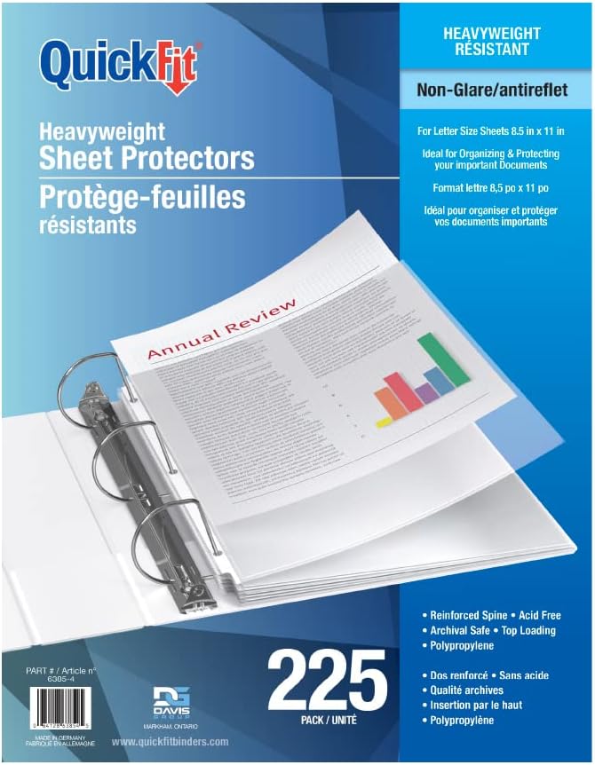 QuickFit Top-Load Sheet Protectors, Clear Page Protectors for 8.5-by-11-Inch Sheets, Top-Loader Binder Sleeves, 225 Sheets, Heavyweight, Non-Glare by DAVISGROUP
