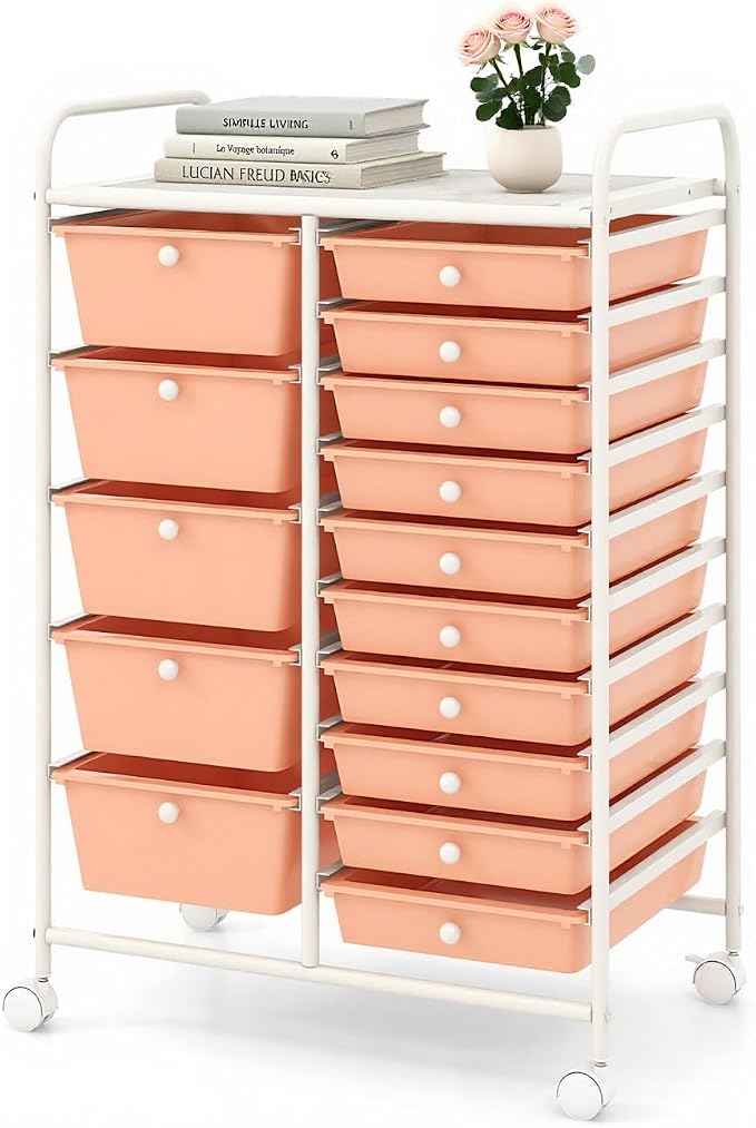 DORTALA 15-Drawer Rolling Storage Cart with Drawers, Rolling Utility Cart w/Removable Drawers & Universal Wheels, Tools Scrapbook Paper Organizer for School, Office, Home, Classroom (Light Pink) by DORTALA