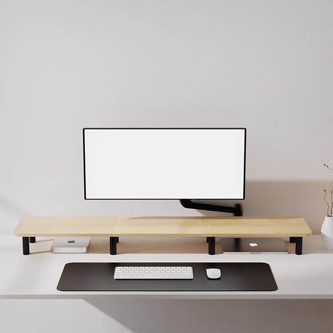 Large Extra Long Monitor Stand Riser 43.7in,Dual Monitor Riser, Wide TV Stand for 2 Monitors, Wood & Steel Leg Adjustable Height Desktop Riser, Home Office Organization. (Natural) - Image 2