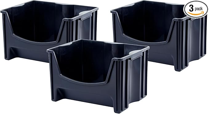 Mighty Tuff Jumbo Stackable Storage Bins, Pack of 3, Easy-Access Storage, Large Easy-to-Grip Handles, Wide Front Opening, Interlocking, Stack Vertically, Black by MightyTuff