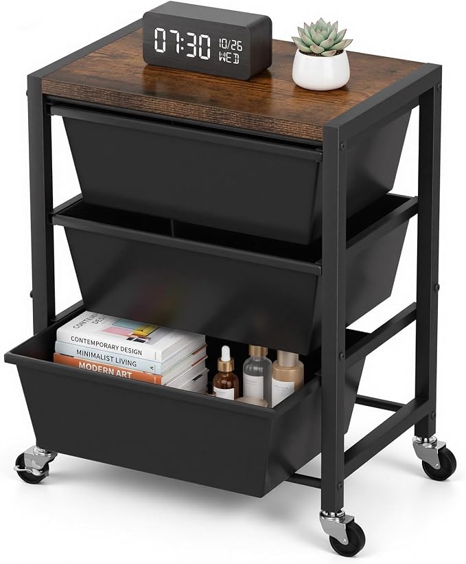 Rolling Cart with 3 Drawers, Plastic Drawer Storage Carts with Lockable Wheels & Wooden Tabletop, Metal Art Craft Utility Cart Organizer for Home Office Bedroom Dorm Bedside Classroom, Dark Black by TimeForest