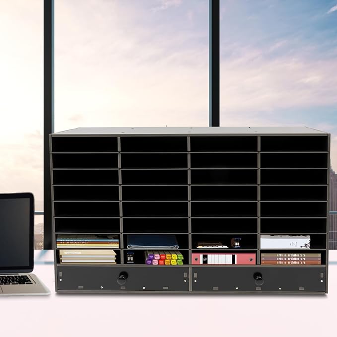 Mail Sorter Organizer, Black Student Mailbox for Classroom, Desktop File Sorter, Literature Organizer, Paper Organizer for Home School Office (Black 32 Compartment with 2 Drawers) - Image 2