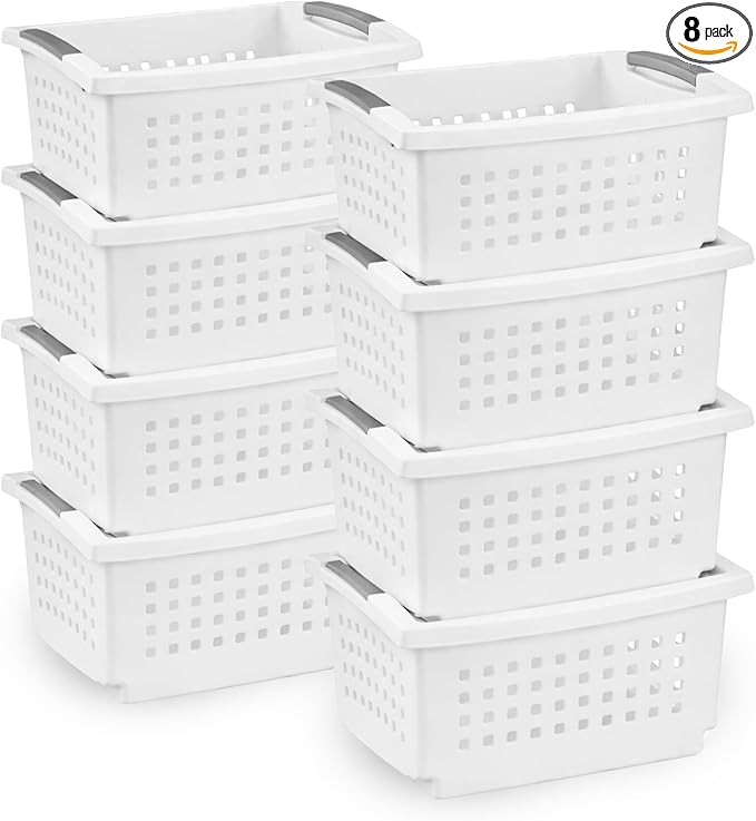 Sterilite 8 Pack Small Stacking Basket, Open Top Storage Bin with Handles, White - Ideal for Home Closets, Kitchens, or Office Organization by Sterilite