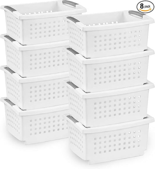 Sterilite 8 Pack Small Stacking Basket, Open Top Storage Bin with Handles, White - Ideal for Home Closets, Kitchens, or Office Organization by Sterilite