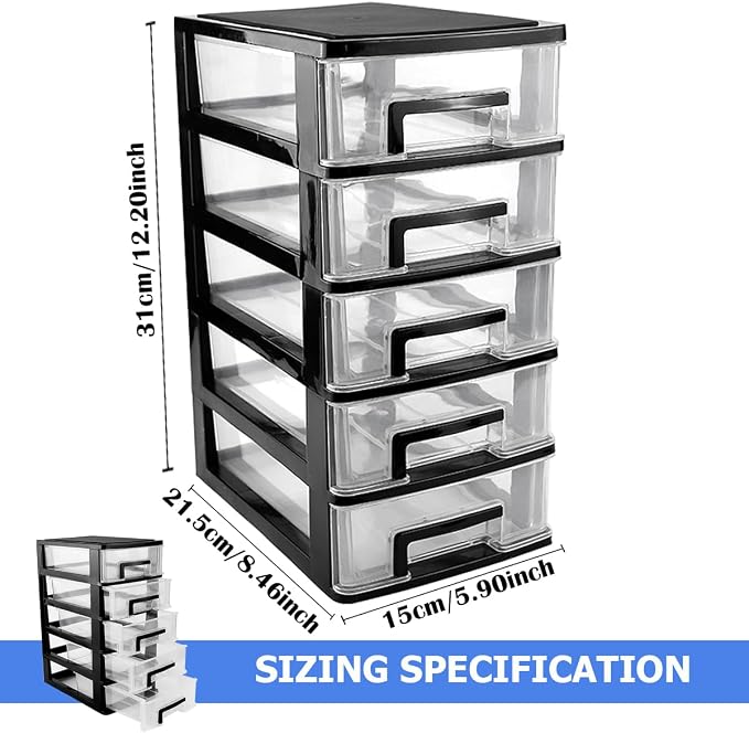 Plastic Desk Organizer,Desk Storage Box with 5 Drawers,Cosmetics Jewelry Storage Box Multifunction Storage Rack for Office School Home (Black &Transparent) - Image 2