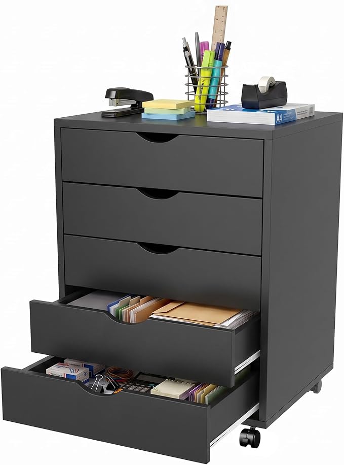 5 Drawer File Cabinet with Wheels, Under Desk Storage Drawers, Black | 5 Drawers File Cabinet with Wheels for Under Desk Storage, Office Organization and Small Printer Stand by ALPEN