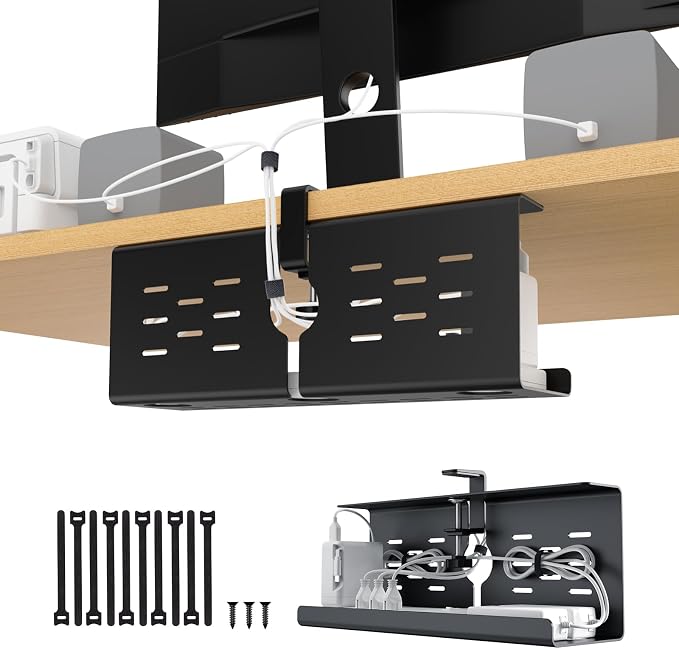 KEEGH 16 in Under Desk Cable Management Tray, Metal Cable Tary, 1 Pack | No-Drill Clamp Mount, Ventilation Holes, Cable Management Tray for Home Office, Gaming Desk, Standing Desk, Black by KEEGH
