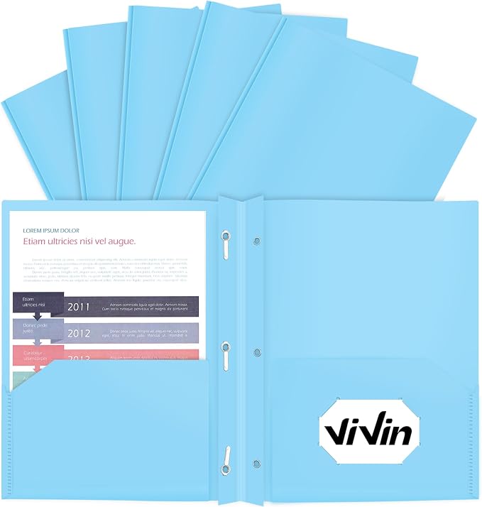 ViVin Heavy Duty 2-Pocket Folders with Brads, Pastel Color, 12-Pack, Durable Plastic Folder with 3-Prong Fasteners, Holds US Letter Size Paper, for School, Home and Office (Light Blue) by ViVin