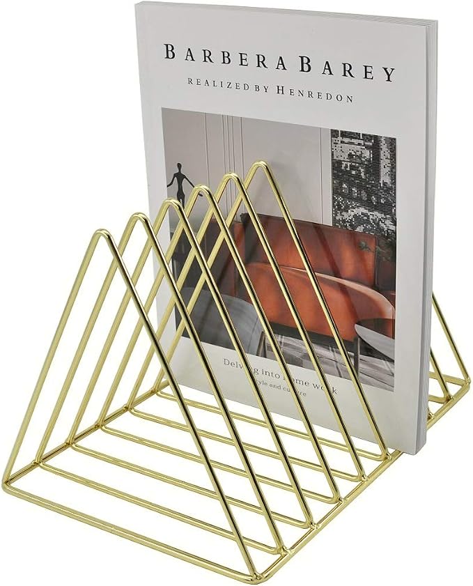 9 Slot Magazine Rack Book Record Holder, Desktop Iron Storage Rack Bookshelf Multifunction Triangle File Organizer Sorter for Decor Home Office, Golden Pack of 2 - Image 5