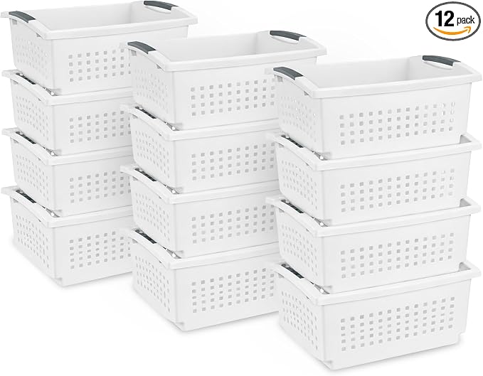 Sterilite 12 Pack Large Stacking Basket, Open Top Storage Bin with Handles, White - Ideal for Home Closets, Kitchens, or Office Organization by Sterilite