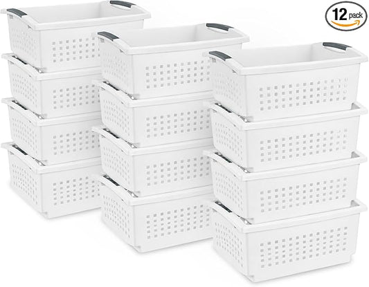 Sterilite 12 Pack Large Stacking Basket, Open Top Storage Bin with Handles, White - Ideal for Home Closets, Kitchens, or Office Organization by Sterilite