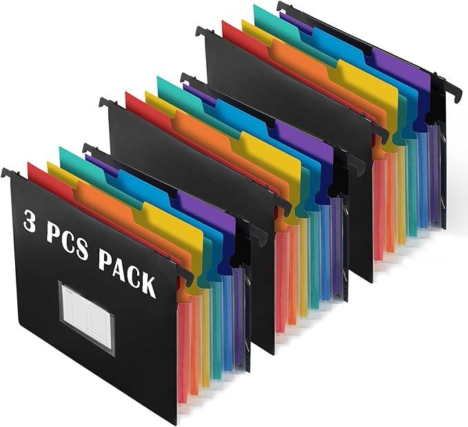 7-Pockets Hanging File Folder with Retractable Hooks for Filing Cabinet, Letter Size Expandable Accordion File Organizer with Elastic Band for File Frame or On-The-Go Use (3 Pack) by TRANBOTrustBest