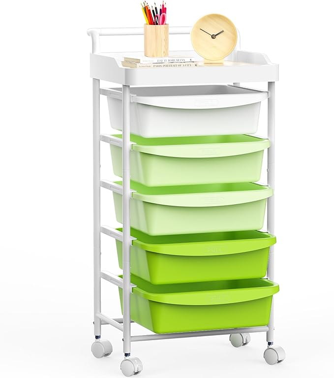 5 Drawers Plastic Rolling Storage Cart with Wheels, Teacher Supply | Green, 32 inch, Skinny, Craft Art Organizer, Utility Cart, Home Office Bedroom Dorm Classroom Supply by Ollieroo