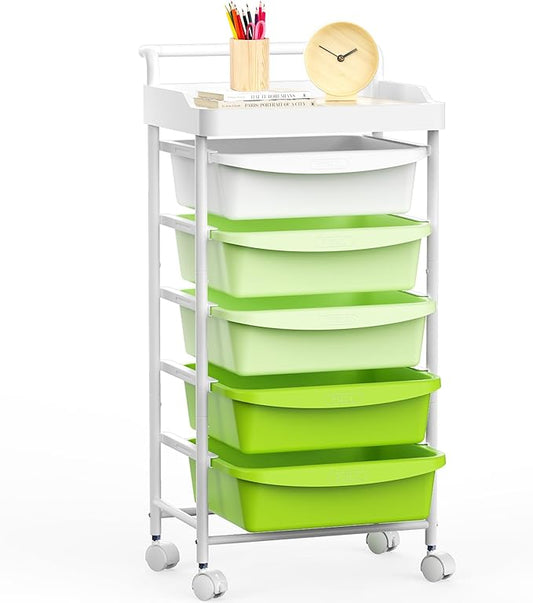 5 Drawers Plastic Rolling Storage Cart with Wheels, Teacher Supply | Green, 32 inch, Skinny, Craft Art Organizer, Utility Cart, Home Office Bedroom Dorm Classroom Supply by Ollieroo