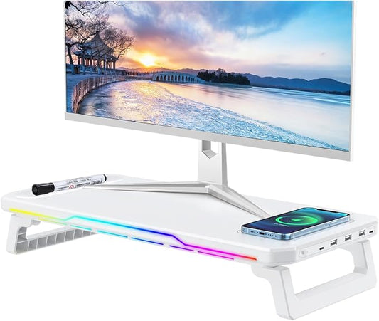 Monitor Stand Riser with USB 3.0 Hub & Type-C Port, 15W Fast Wireless Charging & RGB Lighting, Desk Organizer for Home Office PC iMac 27 Inch (White) by Unknown