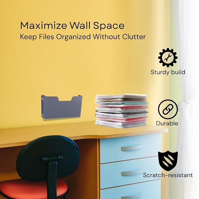 Single Pocket Wall File Organizer, Metal Letter Size Office Wall Organizer | Wide 12x3x7.5in Open Access, Space-saving Slim Profile with Pre-drilled Mounting Holes, Matte Gray-blue Textured Finish - Image 6