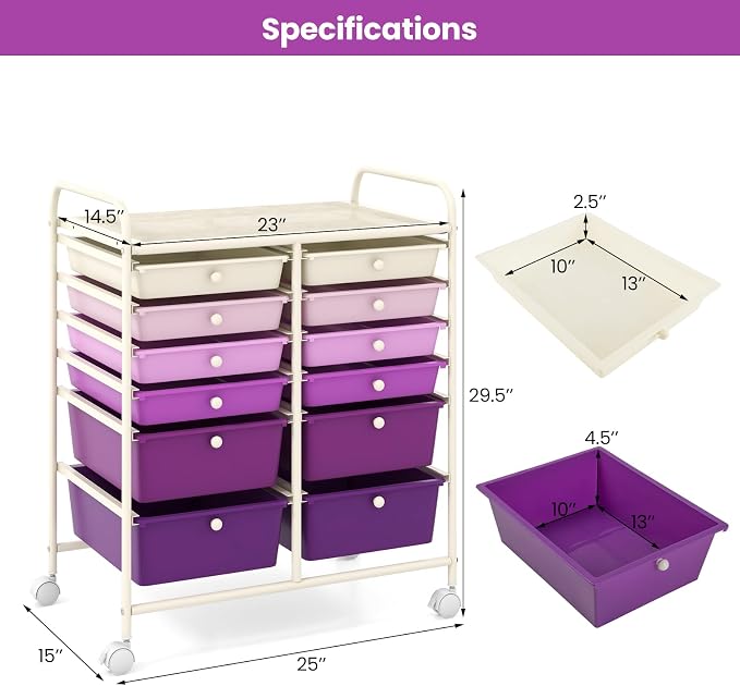 COSTWAY 12-Drawer Rolling Storage Cart, Moveable Art Craft Organizer | Lockable Wheels, Metal Shelf, Files Arrangement Tools Makeup Storage Cart for Office, Home, School (Purple Gradient) - Image 3