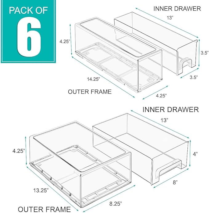 Sorbus 2 Medium & 4 Small Clear Stackable Storage Drawers – Plastic Organizer Bins with Handles – Stackable Pull-Out Storage Drawers for Closet, Pantry, Office, Bathroom, Craft, and Toy Organization - Image 3