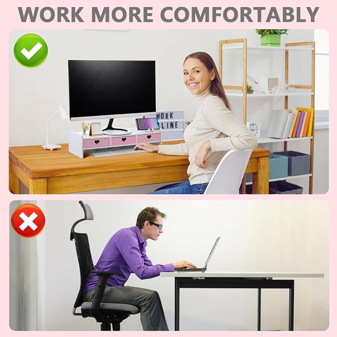 Pink Monitor Riser, Space-Saving Elevated Stand with Smooth Edges for Keyboard Storage, Ergonomic Desktop Organizer for Home & Office, 19.29x7.48x3.93In - Image 7