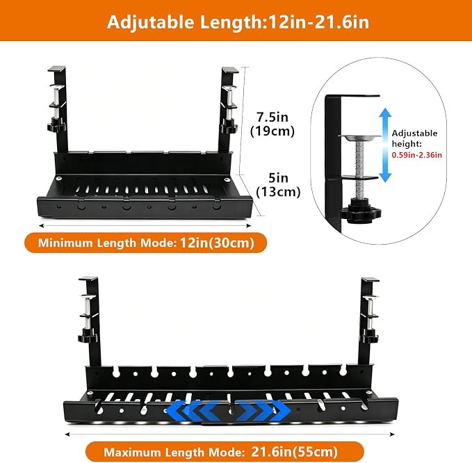 Under Desk Cable Tray, Clamp-On, 12-21.6in Expandable Metal Wire Organizer | drill-free quick installation, 22lbs load bearing, ventilated bottom, fits motorized standing desks, tidies messy wiring - Image 2