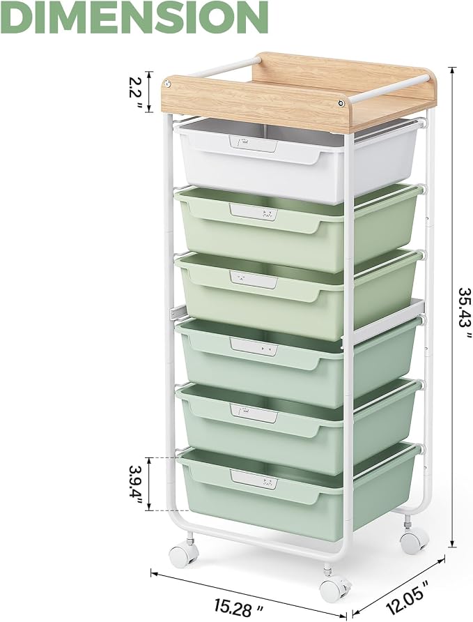 Rolling Craft Storage Cart with 6 Drawers, Art Cart,Green | Utility Cart with Wooden Top, for Craft Room, Kids Art Station, Sewing Storage, Space-Saving for Home Office & Bedroom - Image 2