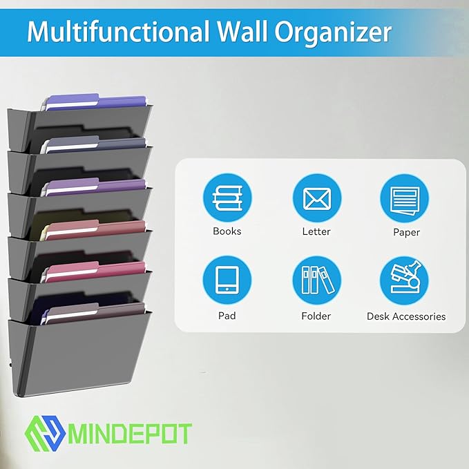 MINDEPOT 6 Pockets Acrylic Wall File Organizer, Clear Wall File Holder, Plastic Hanging Wall File Holder for Office, School and Home, Black - Image 5