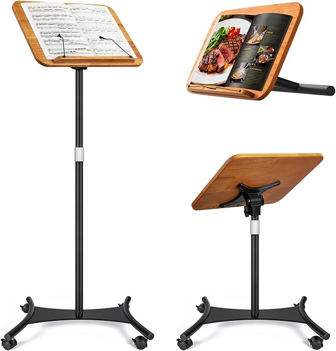2 in 1 Dual-use Music Stand & Desktop Book Stand, Adjustable Height 16.5"-51", 100% Solid Wood Laptop Floor Stand Book Holder with Elastic Page Clips for Cookbooks (Brown-Wheeled) by Unknown