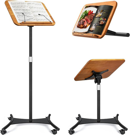 2 in 1 Dual-use Music Stand & Desktop Book Stand, Adjustable Height 16.5"-51", 100% Solid Wood Laptop Floor Stand Book Holder with Elastic Page Clips for Cookbooks (Brown-Wheeled) by Unknown