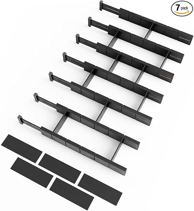 SpaceAid Bamboo Drawer Dividers with Inserts and Labels, Kitchen Adjustable Drawer Organizers, Expandable Organization for Home, Office, Dressers, 7 Dividers with 15 Inserts (17"-22" Black) by SpaceAid