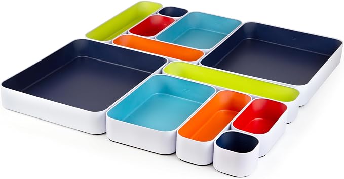 Three by Three Seattle Metal Drawer Organizer Tray Set, 12-Pc, 2" Deep | Deep 2" food-safe metal bins; mix & match to customize any drawer; kitchen, bathroom, office & vanity organization by ThreebyThreeSeattle