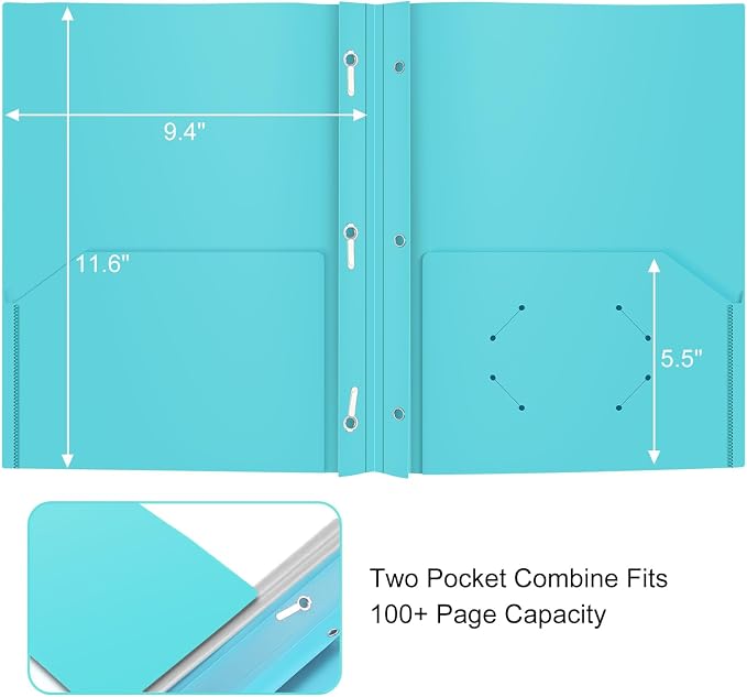 ViVin 12 Pack Plastic Folders with Pockets and Prongs, Heavy Duty 2 Pocket Folders with 3-Prong Fasteners, Poly File Holds 8-1/2" x 11" Paper for School Office Home (Lake Blue) - Image 3