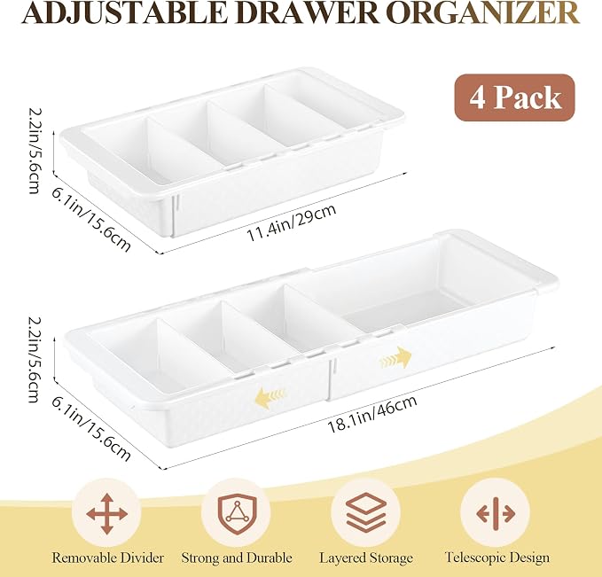 4 Pcs Expandable Drawer Organizer Bins Adjustable Deep Drawer Hanging Organizer Tray Expandable 11.4 to 18.1 Inches Plastic Dividers Storage for Office Bathroom Bedroom Kitchen Desk, White - Image 2