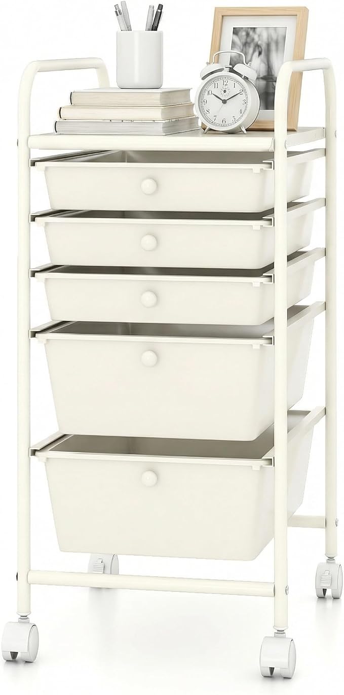 COSTWAY 6-Drawer Rolling Storage Cart, Art Craft Tools Organizer on Wheels | Multifunctional Heavy Duty Utility Mobile Storage Trolley w/ 2 Lockable Wheels for Home Office School (White) by COSTWAY