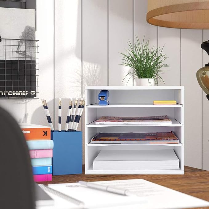 EMERIT 4-Tier Adjustable Paper Organizer, Large Capacity Desktop Organzier for Textbooks/Magazines/Office Files, Wooden Dividers, 7 lbs per Shelf, White - Image 7