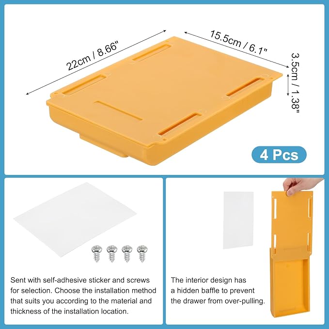 PATIKIL Under Desk Drawer, 4 Pcs Under Table Storage Self-Adhesive Attachment Drawers Organizer for Pens Standing Desk Office Studio Home, Yellow - Image 2