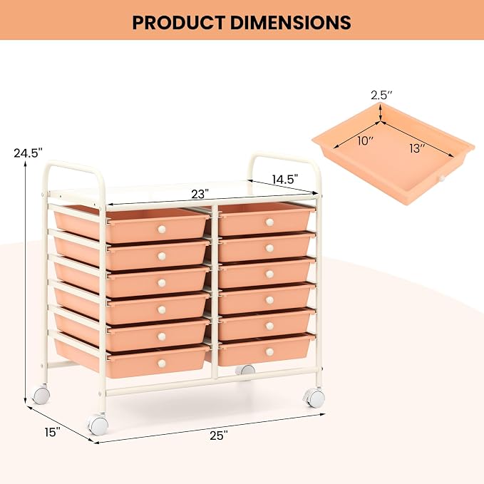 Giantex 12 Drawers Rolling Cart, Mobile Storage Drawer Cart, Classroom Organizer Cart for Office School Supplies Tools Scrapbook Paper Craft Small Printer, Utility Cart on Wheels, Peach Fuzz - Image 3