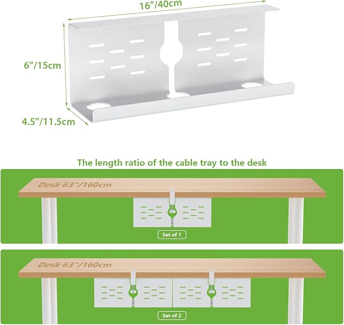 KEEGH 16 in Under Desk Cable Management Tray, Capacity Cable Tary, 3 Pack | No Drill Clamp Mount, Heavy Metal, Cord Management Tray for Home Office, Gaming Desk, Standing Desk, White - Image 5