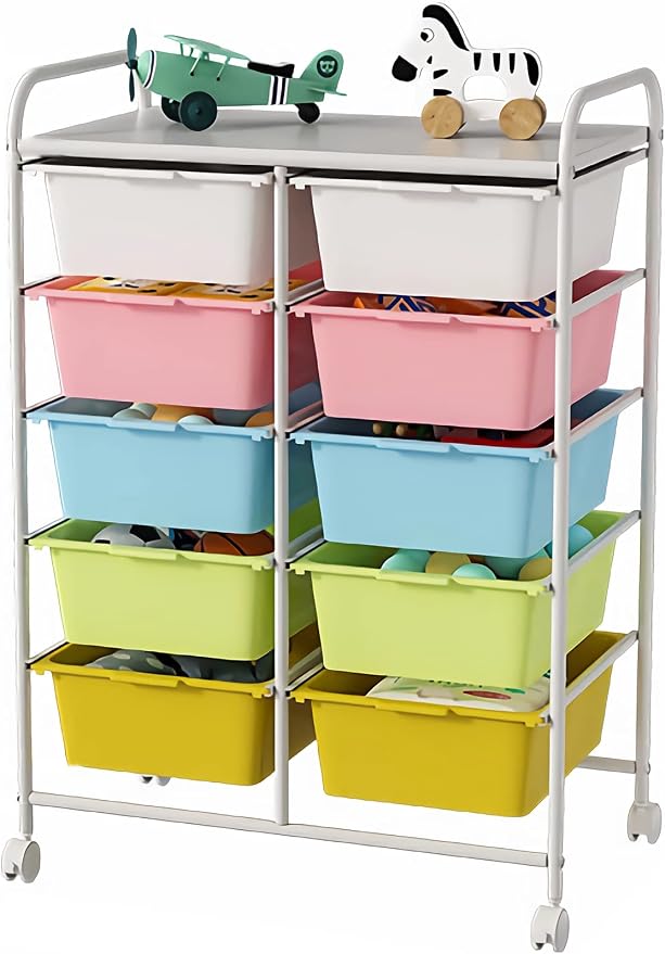 Ytaoka 10 Drawers Rolling Storage Cart, Plastic Drawer Cart with Metal Frame, Multipurpose Art Craft Cart Organizer with Wheels, Utility Cart with Drawers for Home, Office, School, Multicolor by Ytaoka