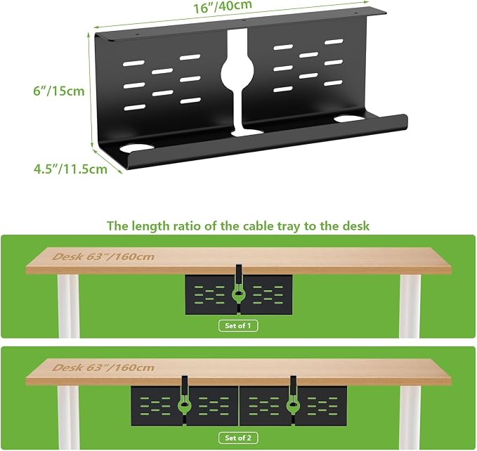 KEEGH 16 in Under Desk Cable Management Tray, Capacity Cable Tary, 3 Pack | No Drill Clamp Mount, Heavy Metal, Cord Management Tray for Home Office, Gaming Desk, Standing Desk, Black - Image 5