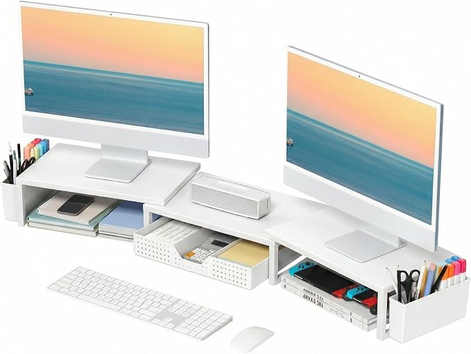 Desk Organizers and Accessories, Dual Monitor Stand Riser with Drawer and 2 Pen Holders, Desk Shelf Computer Racks for Office Workspace Organizers, Desktop Organization (White) by OPNICE