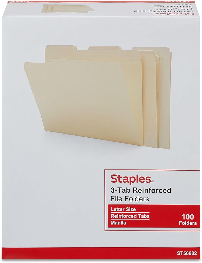 Staples 30% Recycled Reinforced File Folders, Letter Size, 1/3‑Cut Tabs, Manila, Durable Eco‑Friendly Paper Stock, 100/Box - Image 4