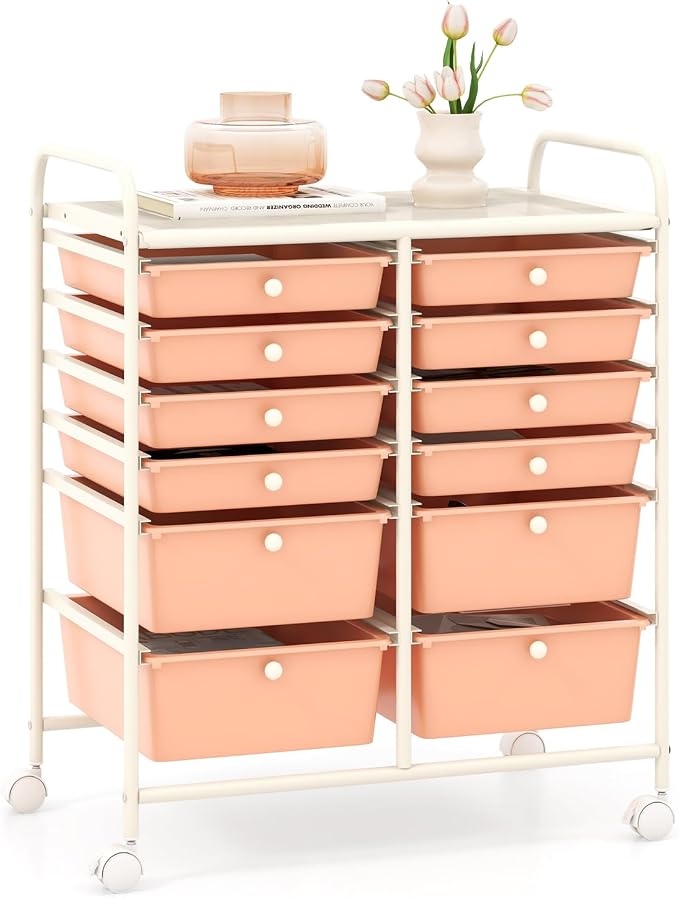 GOFLAME 12-Drawer Rolling Storage Cart, Multipurpose Organizer Cart with 2 Sizes Plastic Drawers, Mobile Utility Cart with Lockable Casters for School, Home Office, Beauty Salon, Peach Fuzz by GOFLAME