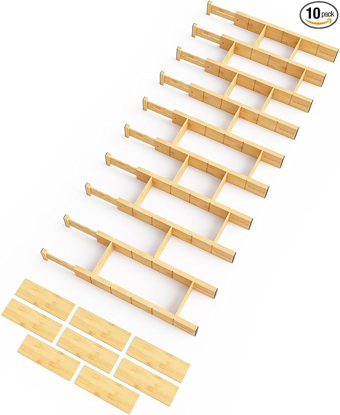 SpaceAid Bamboo Drawer Dividers with Inserts and Labels, Kitchen Adjustable Drawer Organizers, Expandable Organization for Home, Office, Dressers, 10 Dividers with 24 Inserts (17"-22" Natural) by SpaceAid