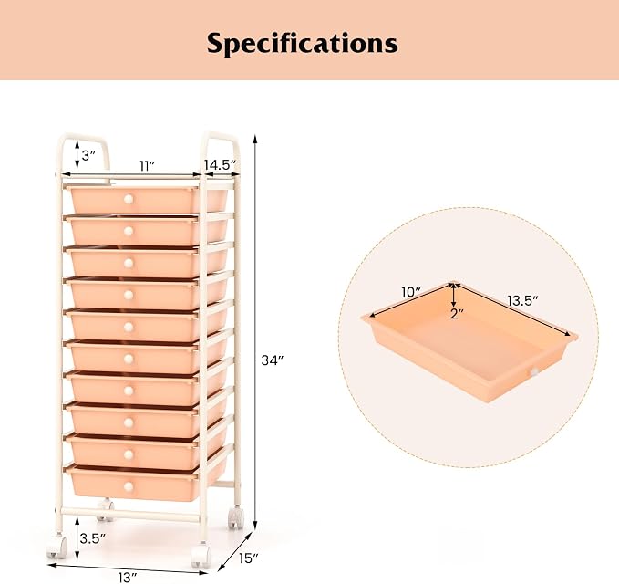 Storage Cart, Rolling Utility Cart with 10 Drawers, Portable Handles & Lockable Wheels, Mobile Paper Toys Storage Organizer Large Capacity for Home Office School Teacher (Peach) - Image 3