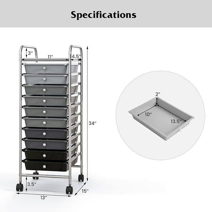 Giantex 10-Drawer Storage Cart w/Universal Wheel, Rolling Cart w/Handle, Home Organizer Storage Unit w/Removable Drawers, Trolley Utility Cart for Kitchen Makeup Living Room Office Play Room - Image 3